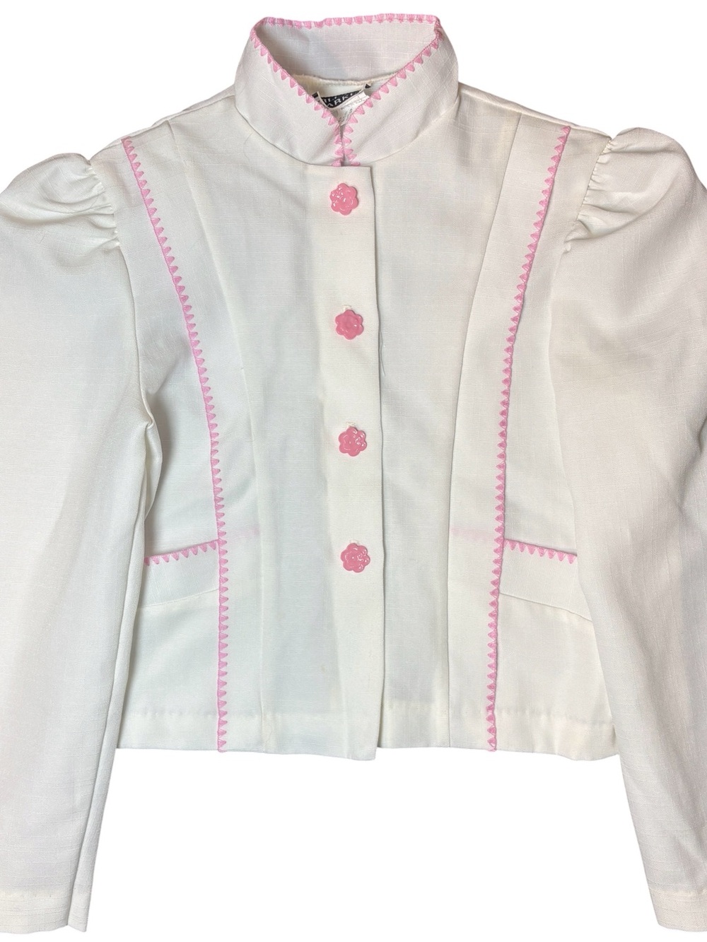 Vintage Girls White Pink Floral Button Puff Sleeve Jacket Size 8